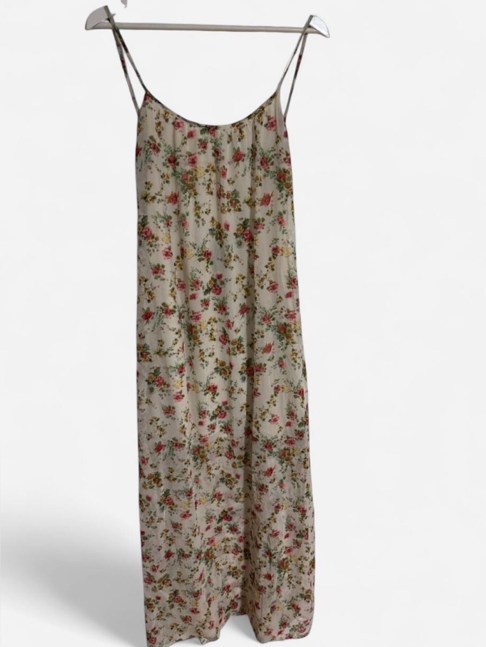 Mango Cream Floral Maxi Slip Dress with Pink and Green Print
